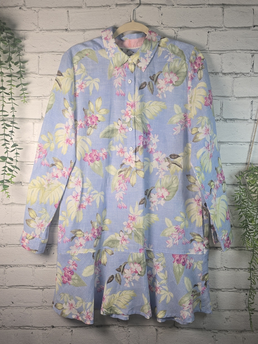 TOMMY BAHAMA COASTALINA ORCHID DREAMS FLOUNCE LINEN SHIRT DRESS PASTEL BLUE MED